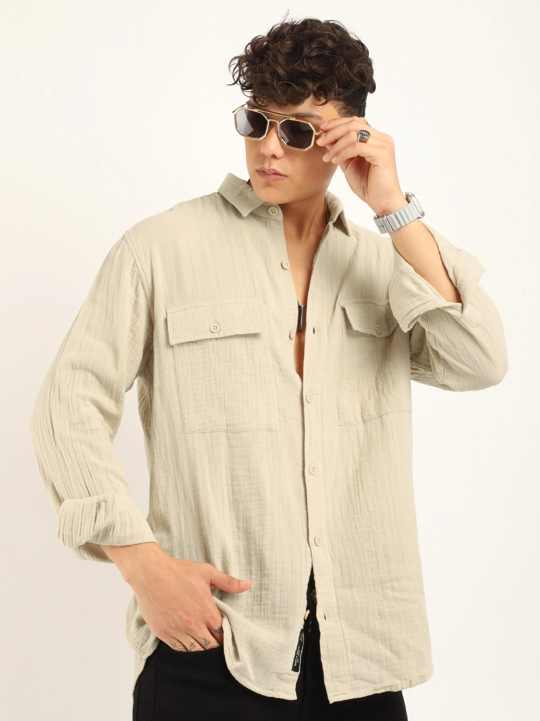 Fabric Lucas Double Clothe Beige Full Sleeve Shirt