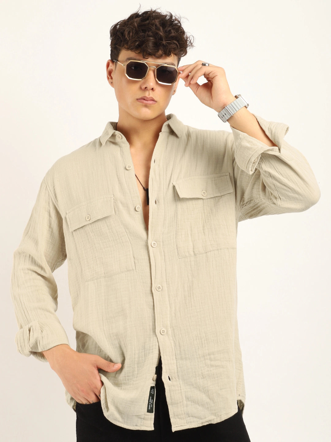 Fabric Lucas Double Clothe Beige Full Sleeve Shirt