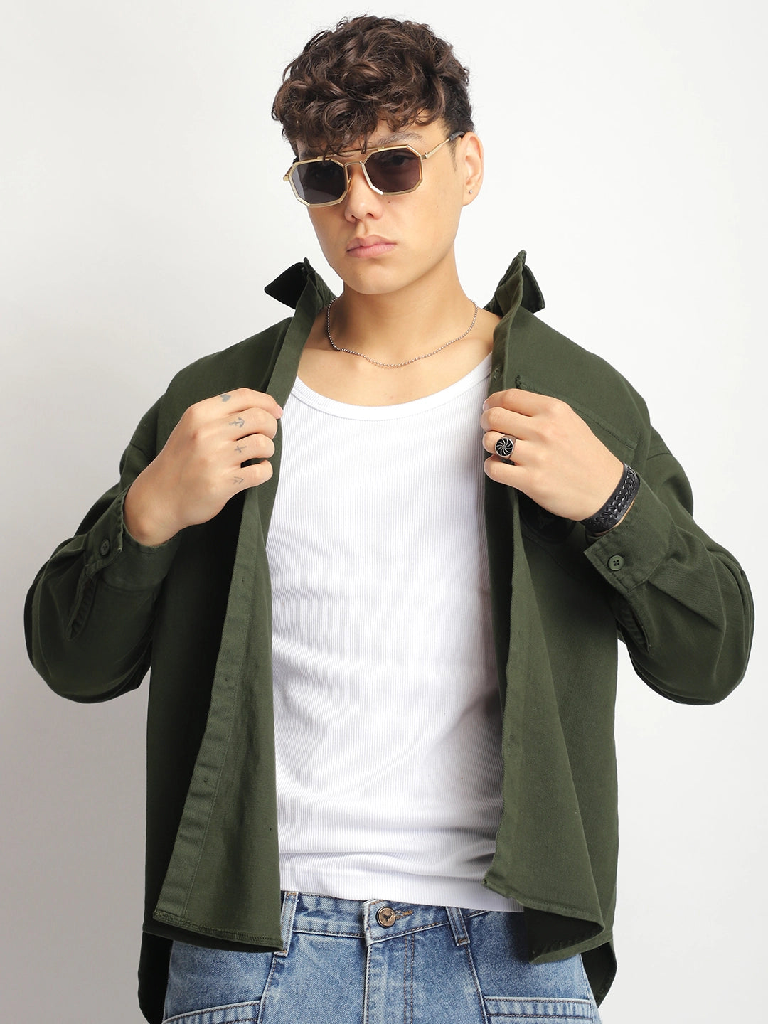 Crown Street Olive Green Oversized Denim Shirt