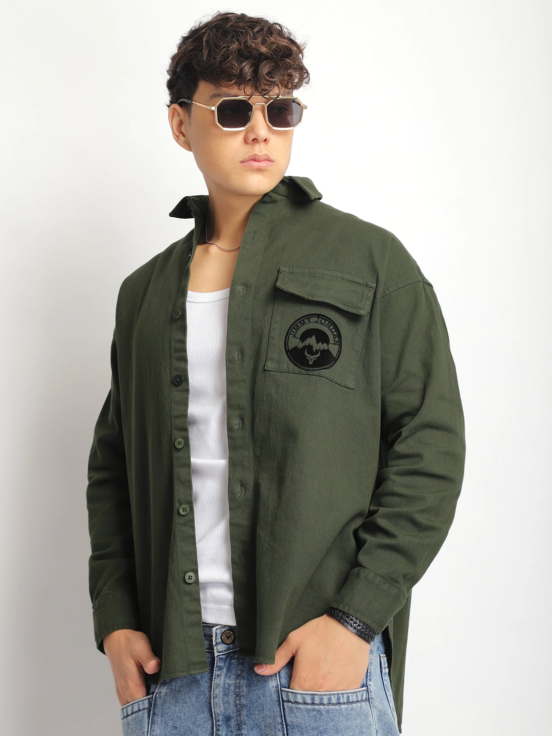 Crown Street Olive Green Oversized Denim Shirt