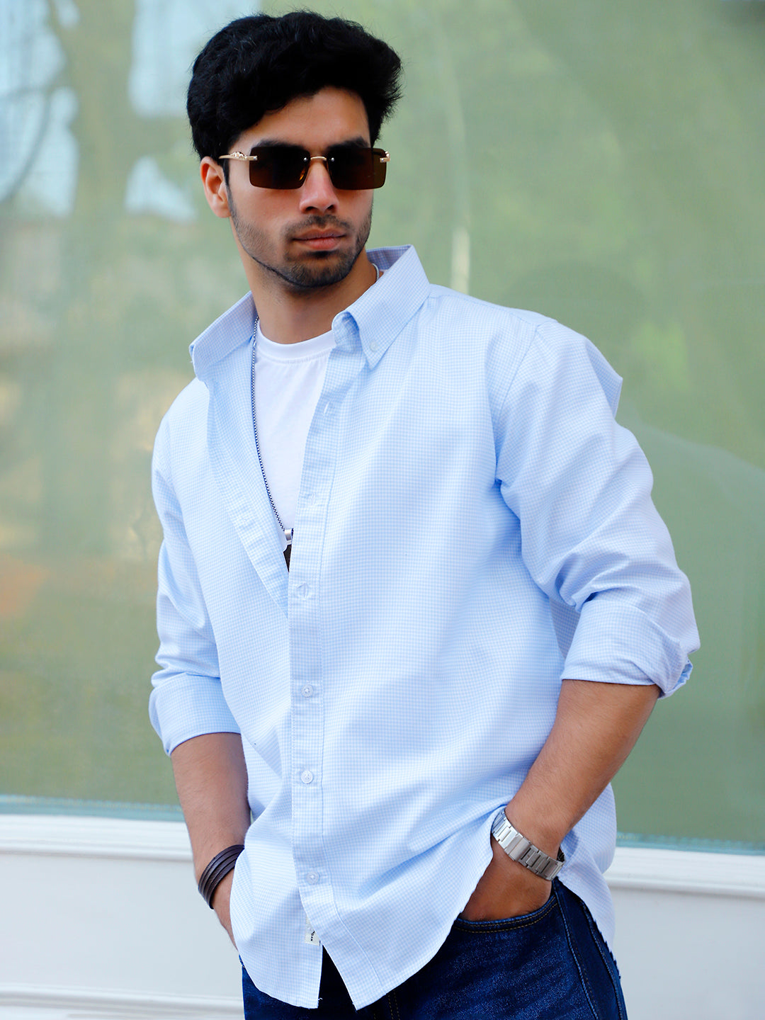 Desert Bloom Sky Blue full Check Sleeve shirt