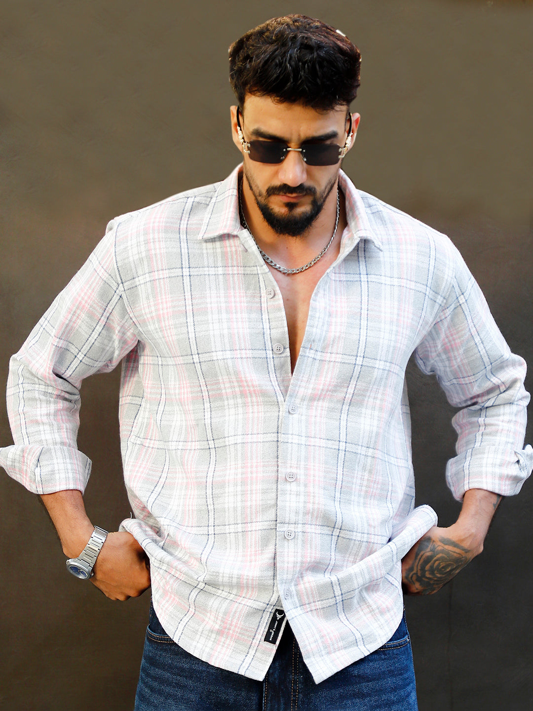 Bloom State Light Gray Check Full Sleeve Shirt
