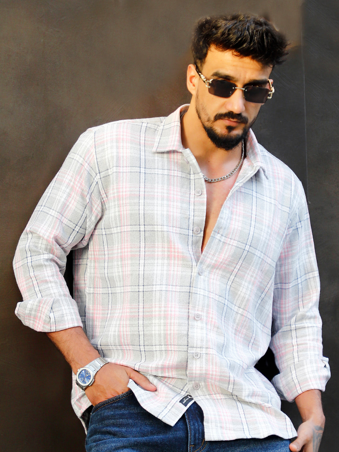 Bloom State Light Gray Check Full Sleeve Shirt