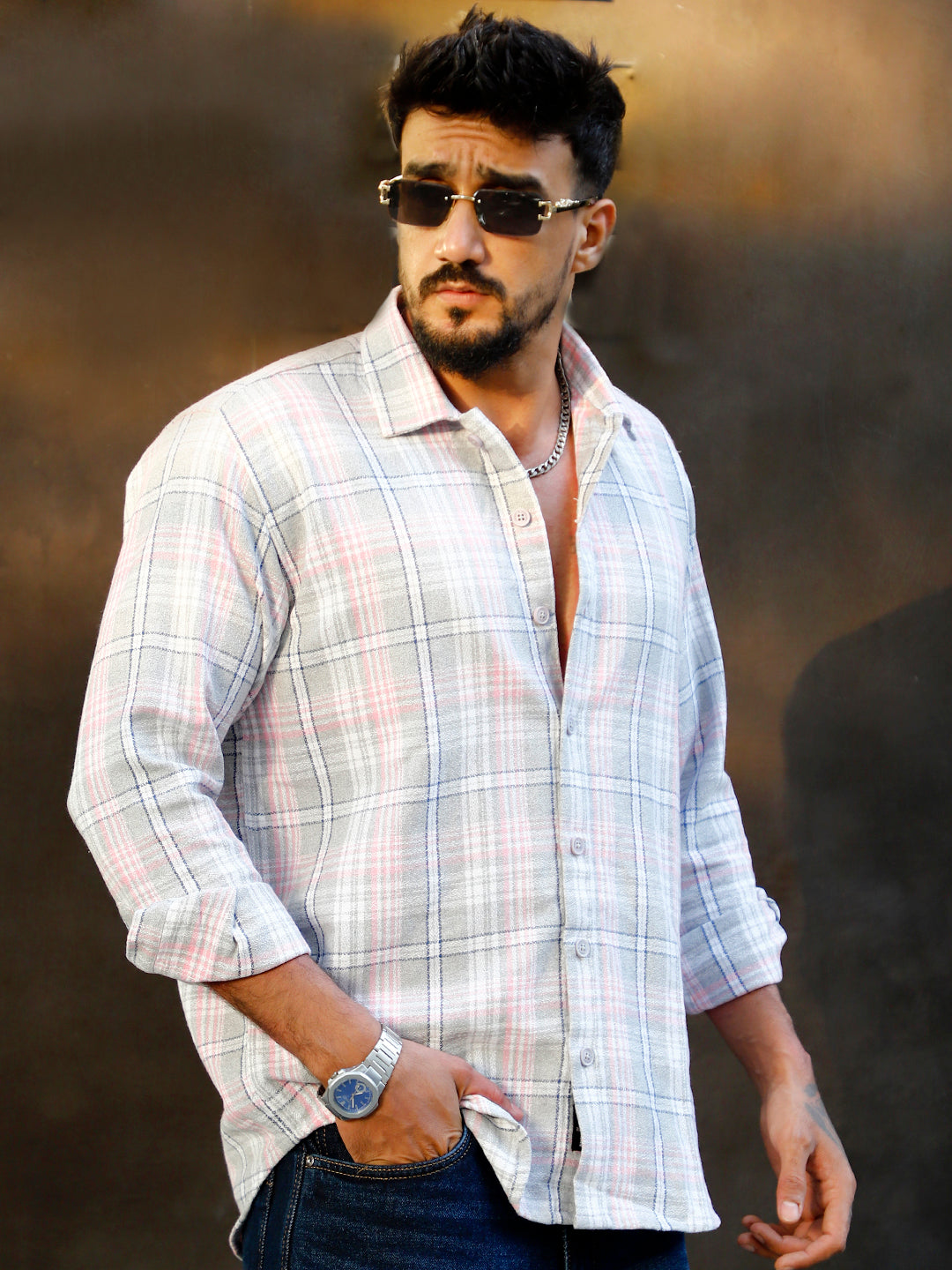 Bloom State Light Gray Check Full Sleeve Shirt