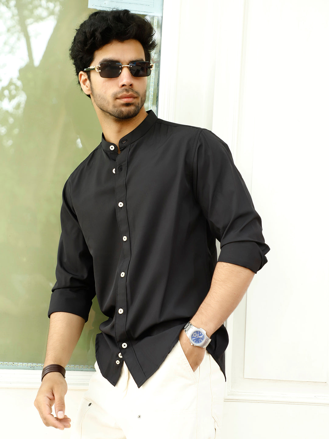 Luxe Thread Black Mandarin Shirt