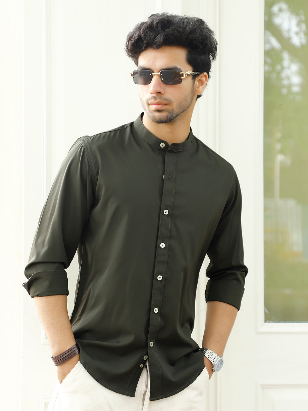 Luxe Thread Dark Green Mandarin Shirt