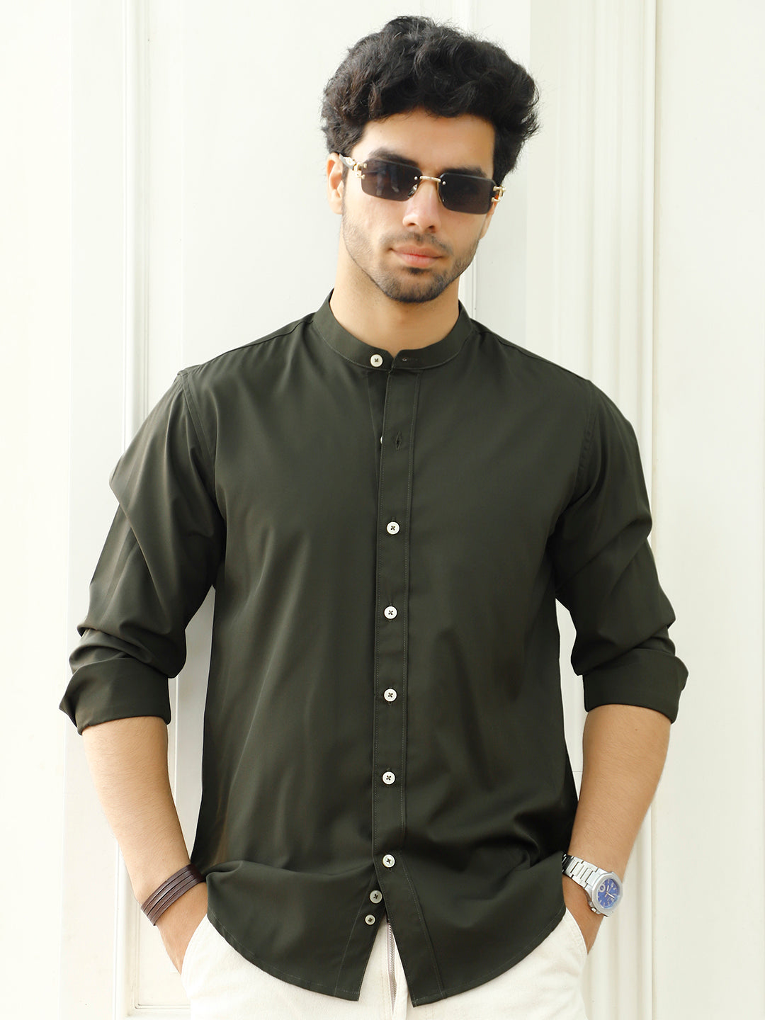 Luxe Thread Dark Green Mandarin Shirt
