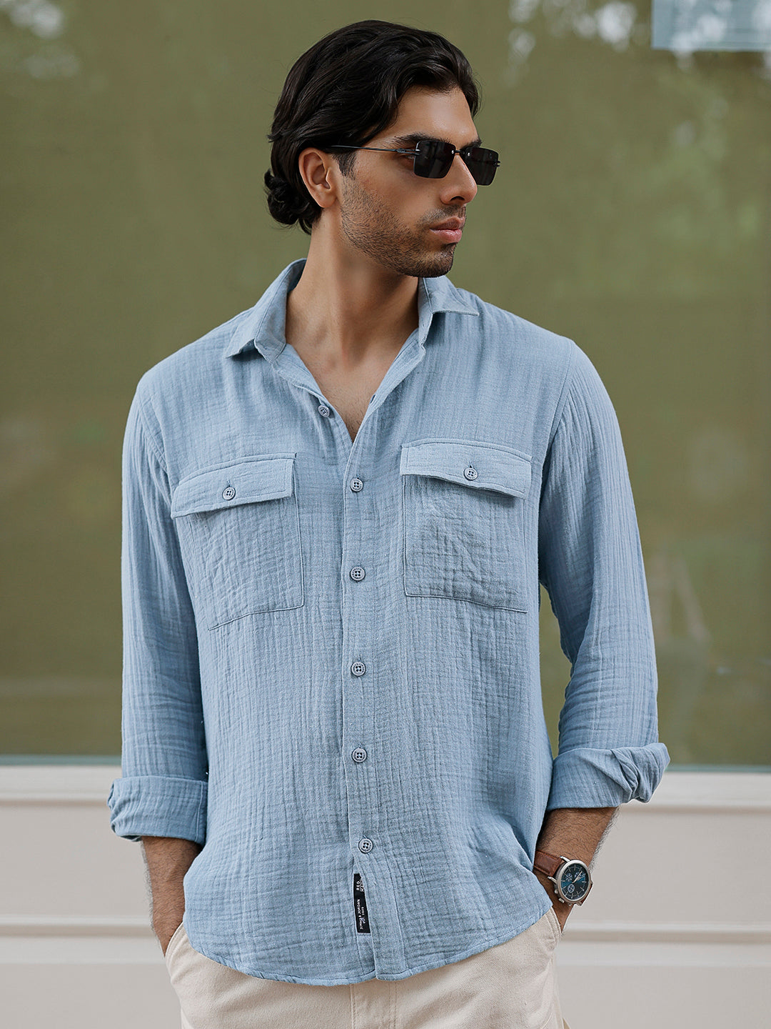 Vero Vibe Lucas Double Clothe Stone Blue Shirt
