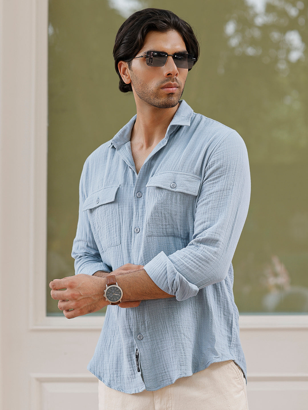 Vero Vibe Lucas Double Clothe Stone Blue Shirt
