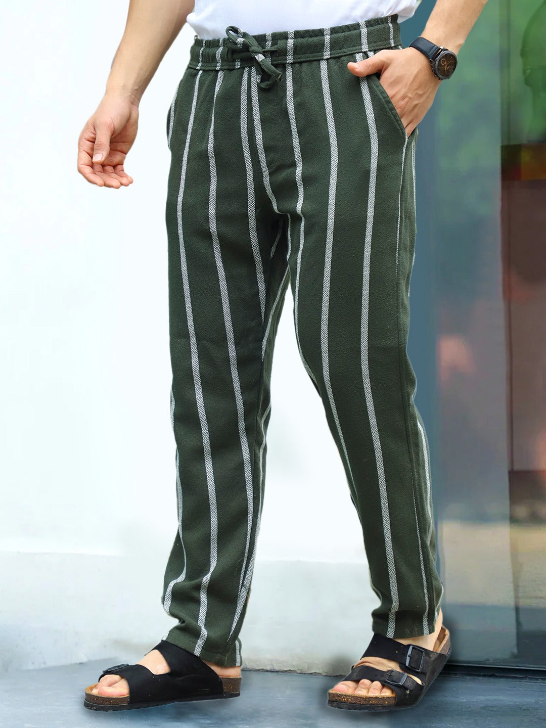 Striped Green Trousers for Men – Sleek Streetwear Look