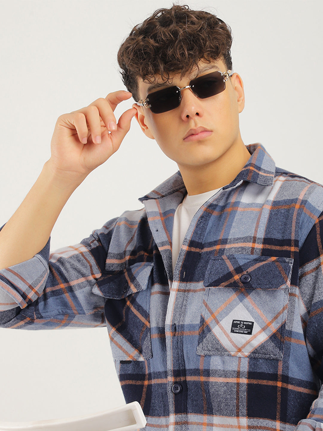 Infinite Brushed Sky Grey Check Full Sleeve Shirt