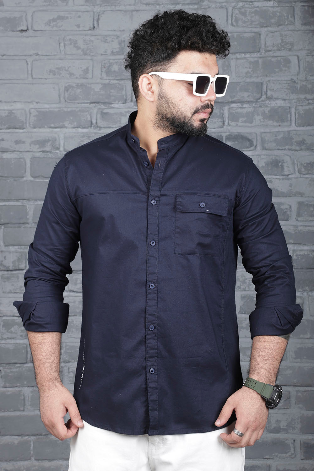 Navy Oxford Fabric Solid Plain Shirt