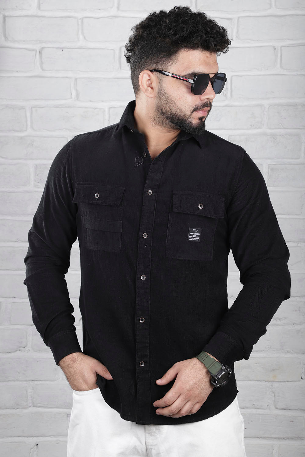 Black Corduroy Solid Plain Shirt