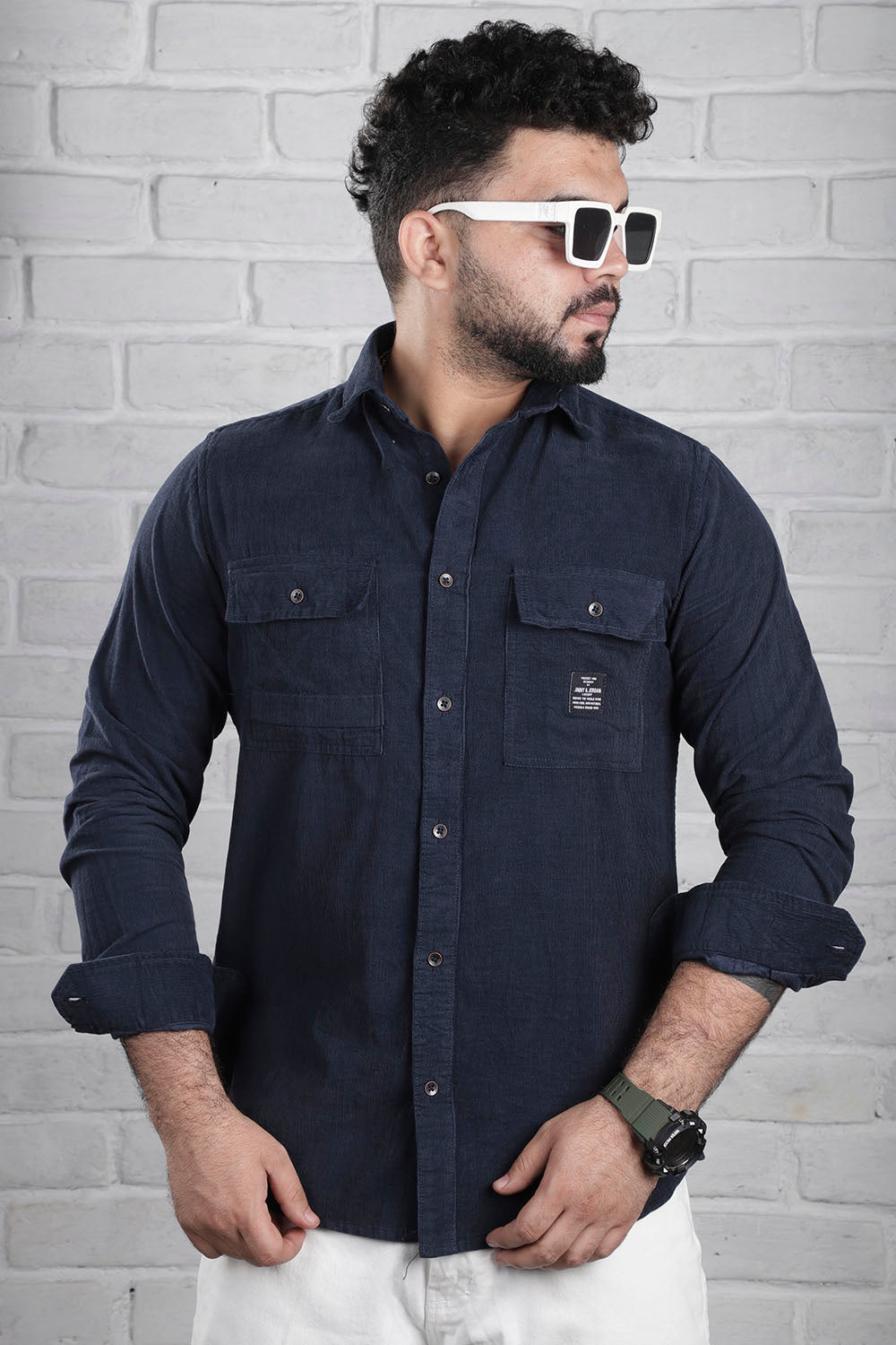 Navy Corduroy Solid Plain Shirt