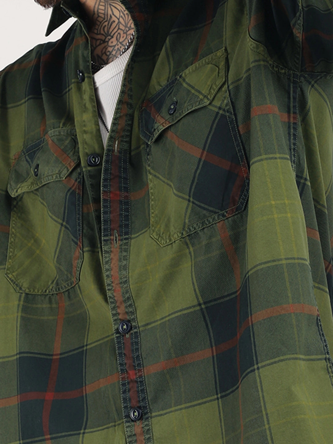 Onyx Fit Washed Check Olive Red Full Sleeve Shirt