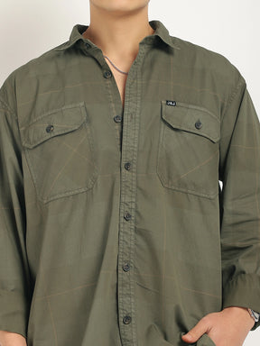 Frosted Craft Olive Green Washed Check Full Sleeve Shirt