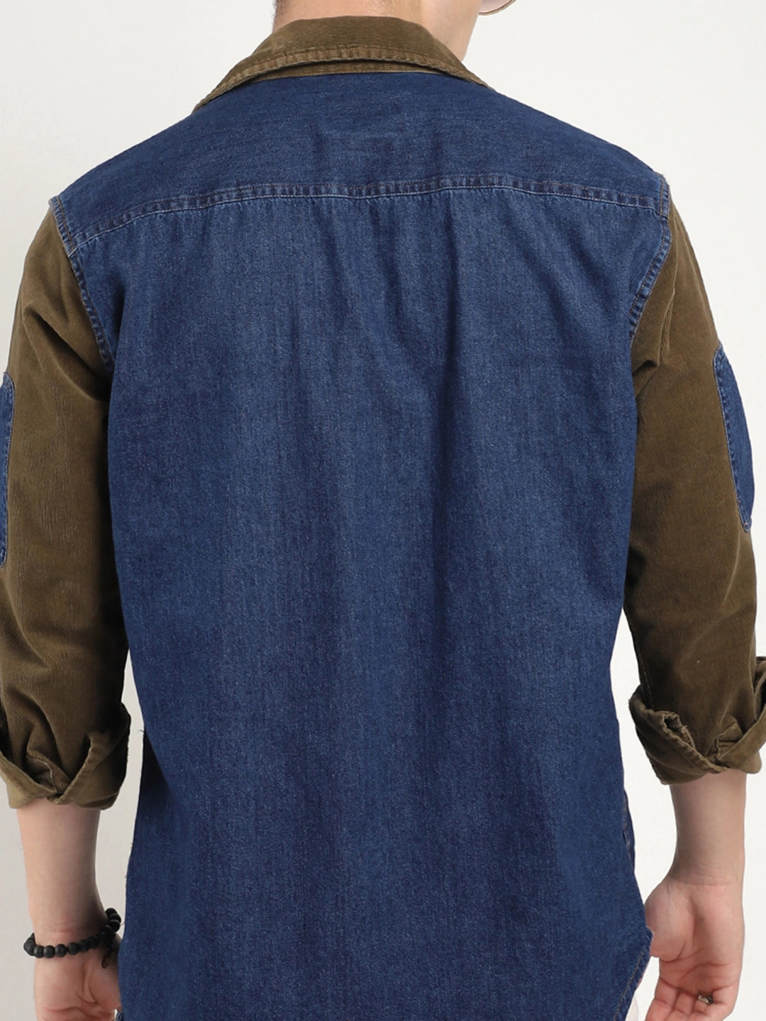 Luxe Fit Navy Washed Denim Corduroy Full Sleeve Shirt