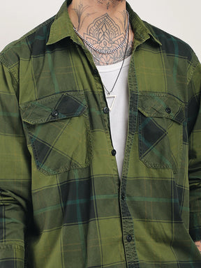 Onyx Fit Washed Check Olive Full Sleeve Shirt