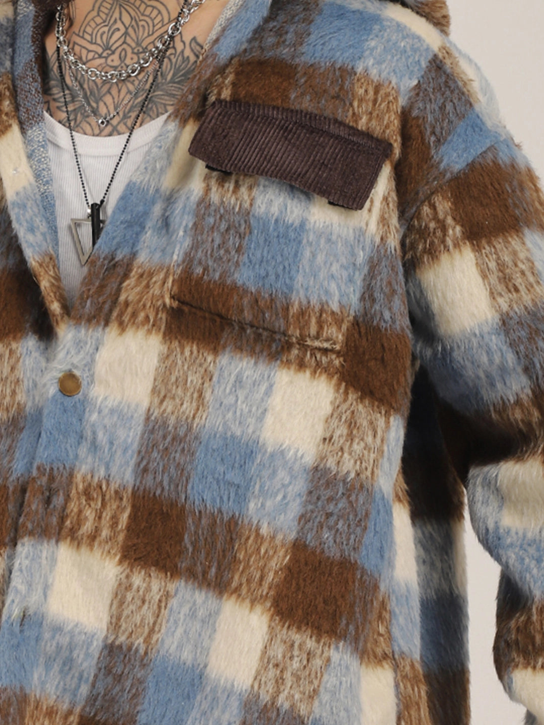 Core Fit Pure Wool Blue & Brown Check Hoodie