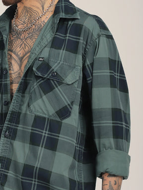 Vauxhall Ash Teal Washed Check Full Sleeve Shirt