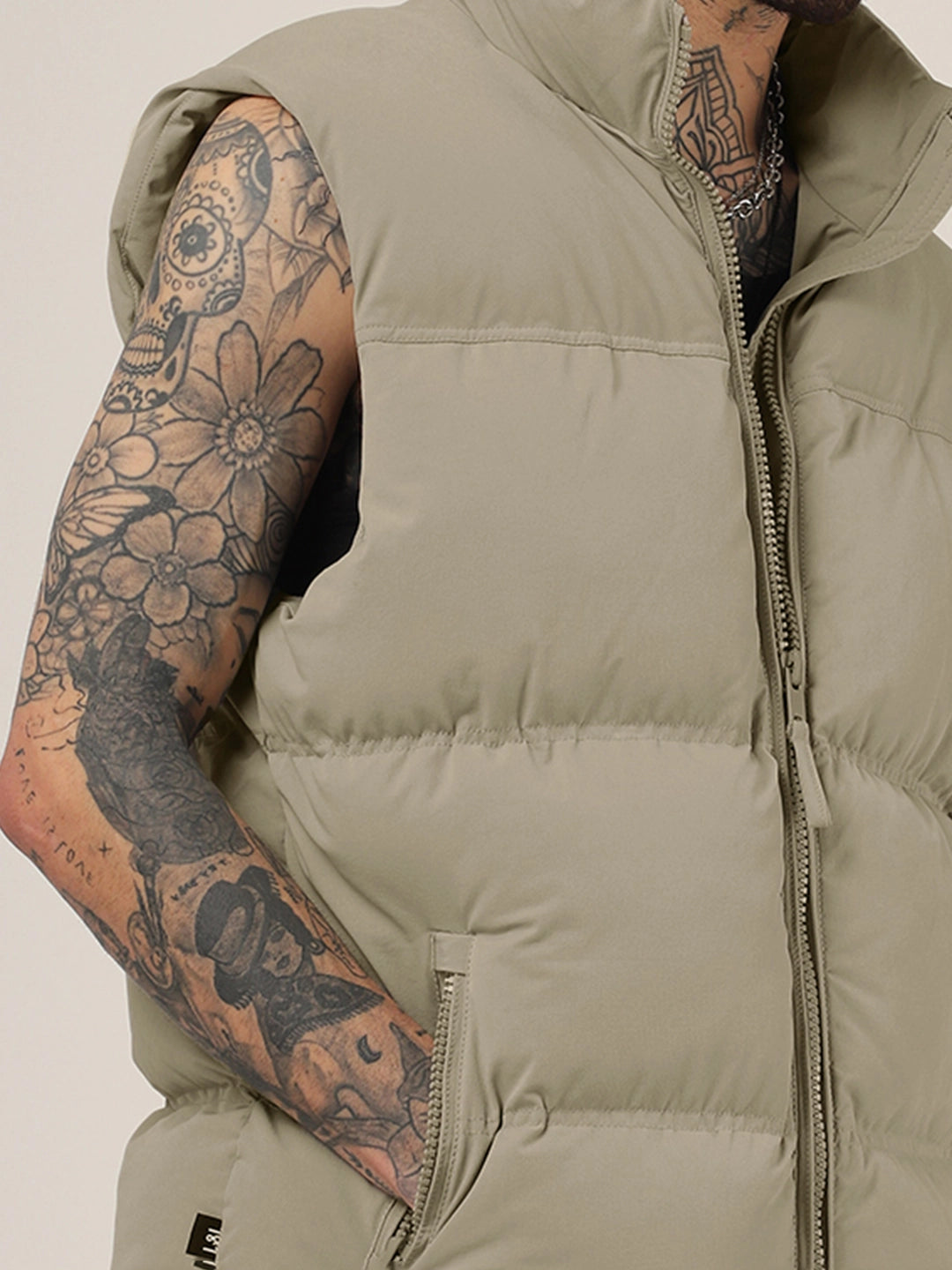 Quilted Gilet Cut Sleeves Khaki Puffer Jacket