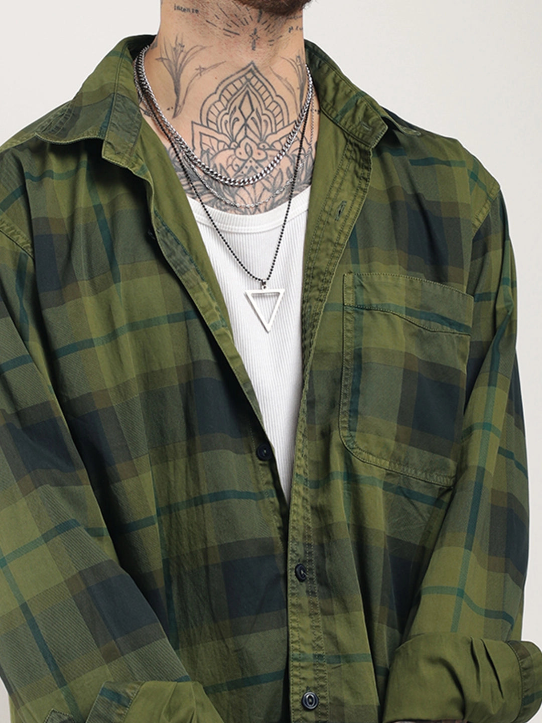 Duchess Weave Olive Green Washed Check Full Sleeve Shirt