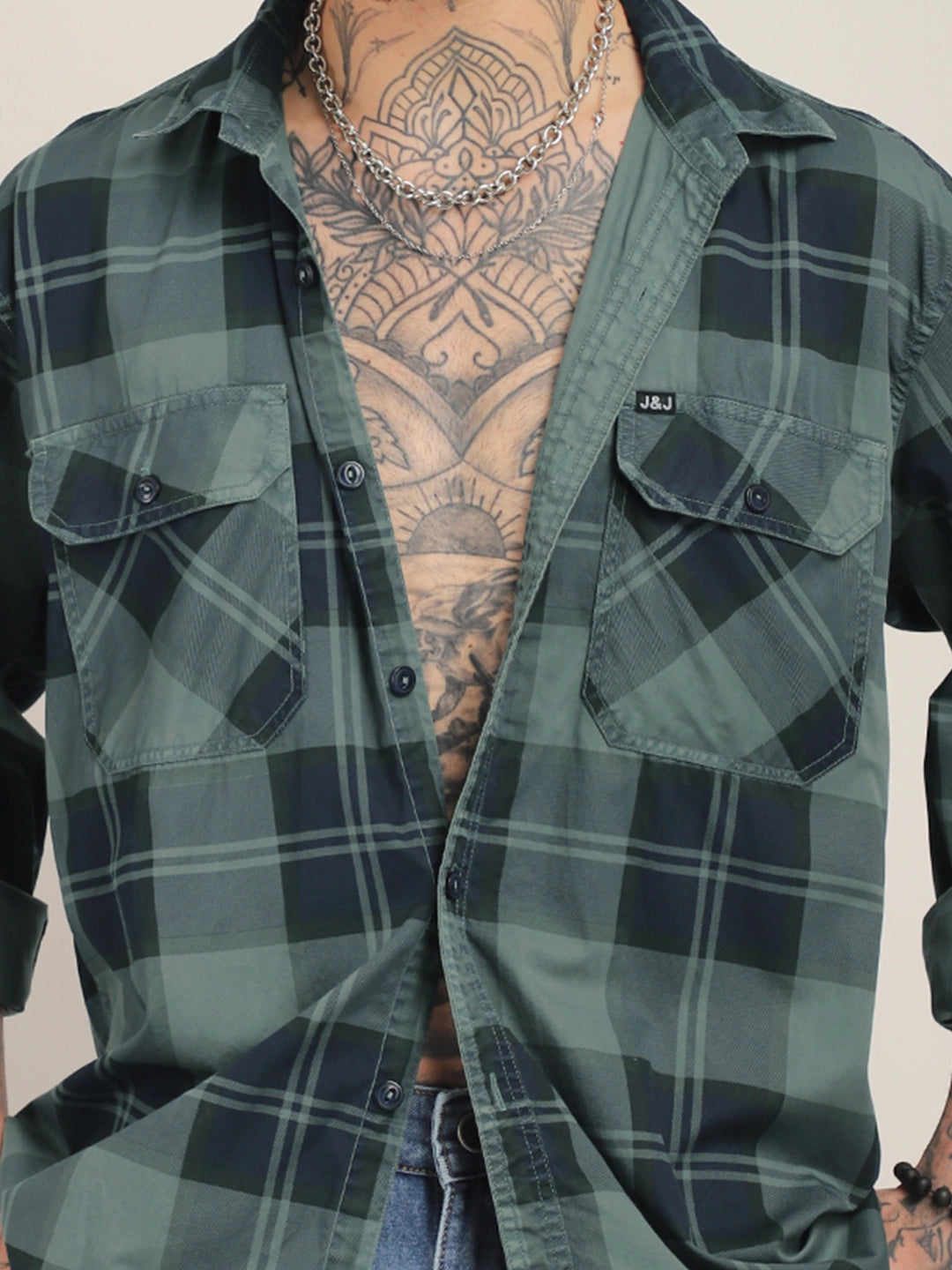 Vauxhall Ash Teal Washed Check Full Sleeve Shirt