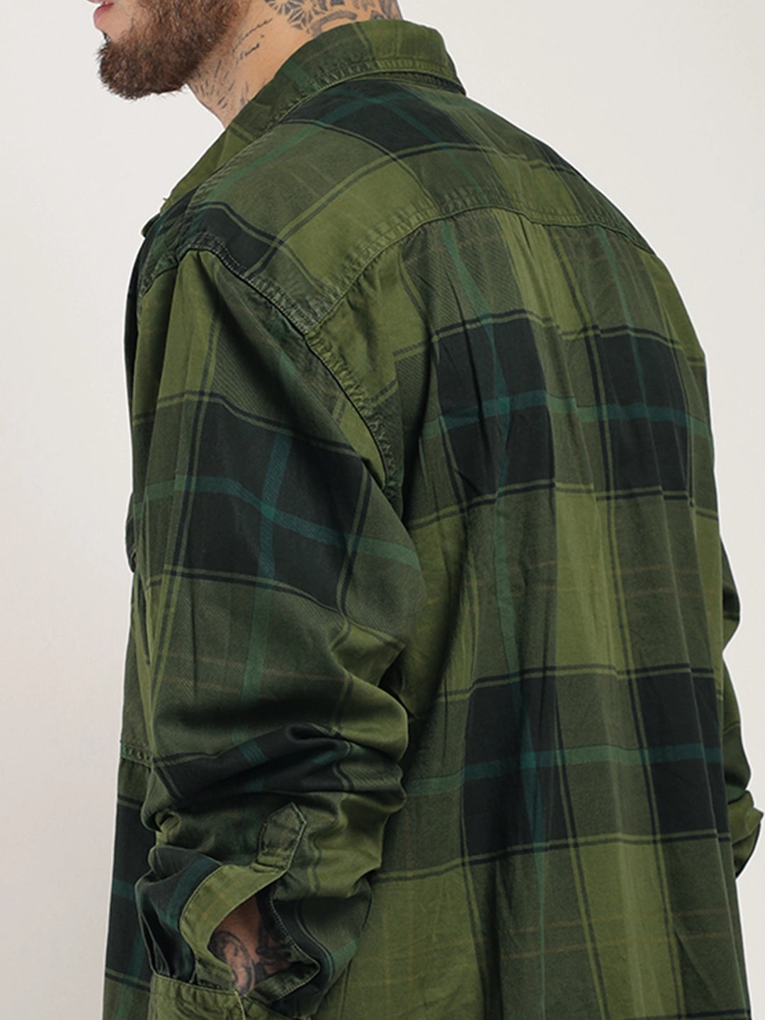 Onyx Fit Washed Check Olive Full Sleeve Shirt