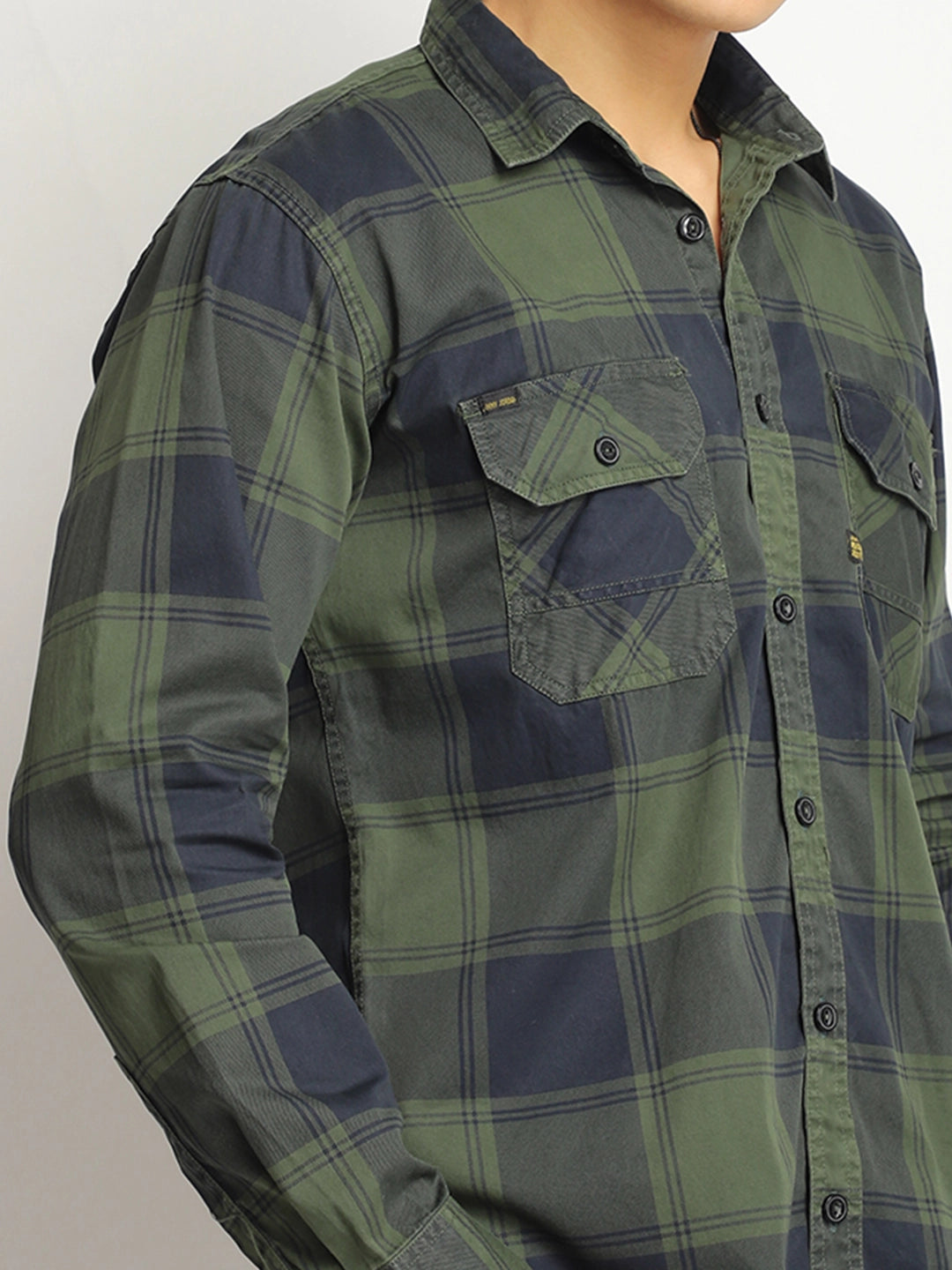 Pure Thread Military Green Full Sleeve Check Shirt