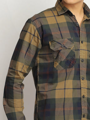 Luxe Link Washed Check Khaki Full Sleeve Shirt