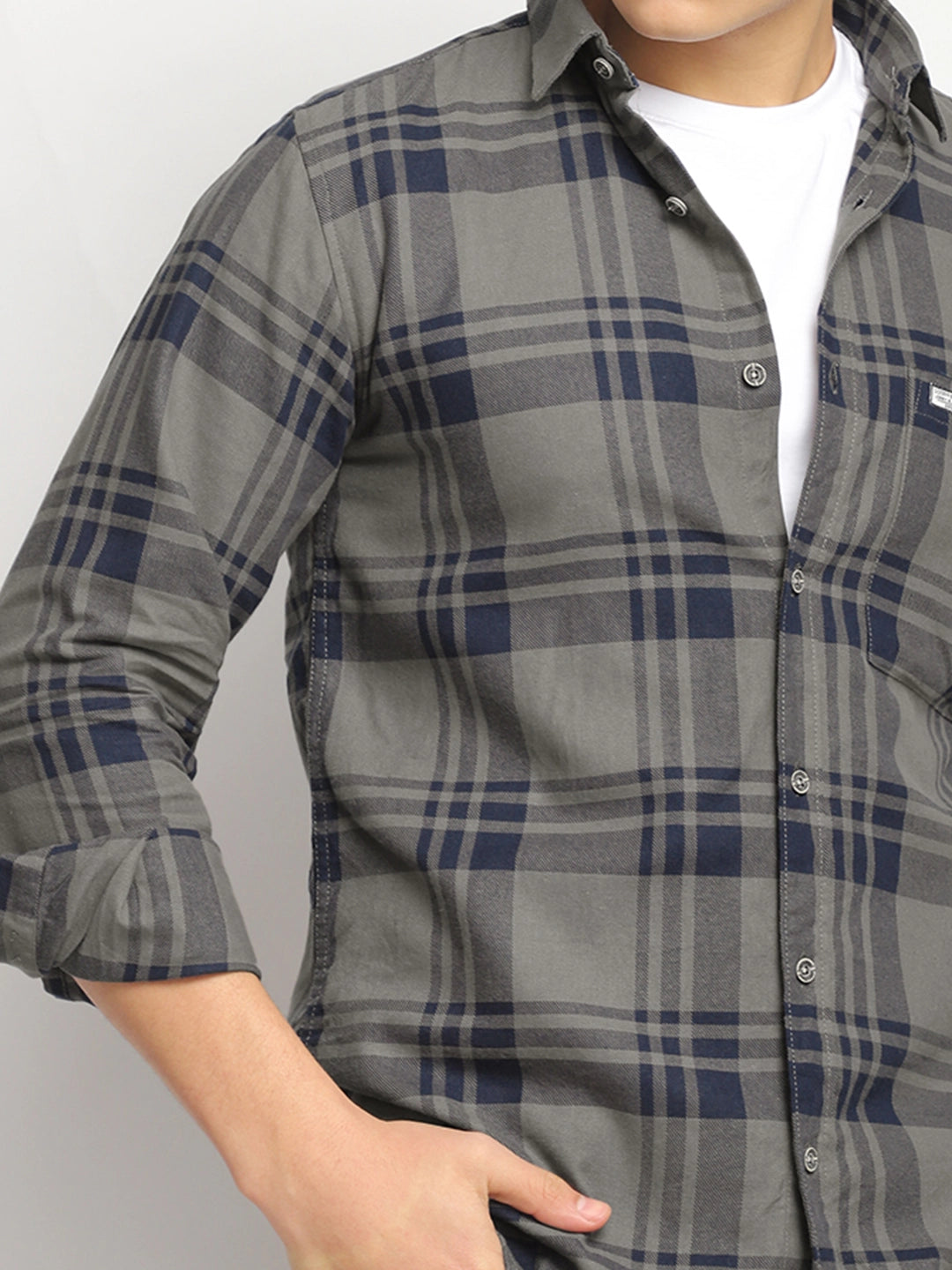 Bristol Breeze Khaki Twill Checked Full Sleeve Shirt