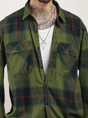 Onyx Fit Washed Check Olive Red Full Sleeve Shirt