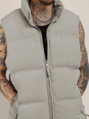 Quilted Gilet Cut Sleeves Light Grey Puffer Jacket