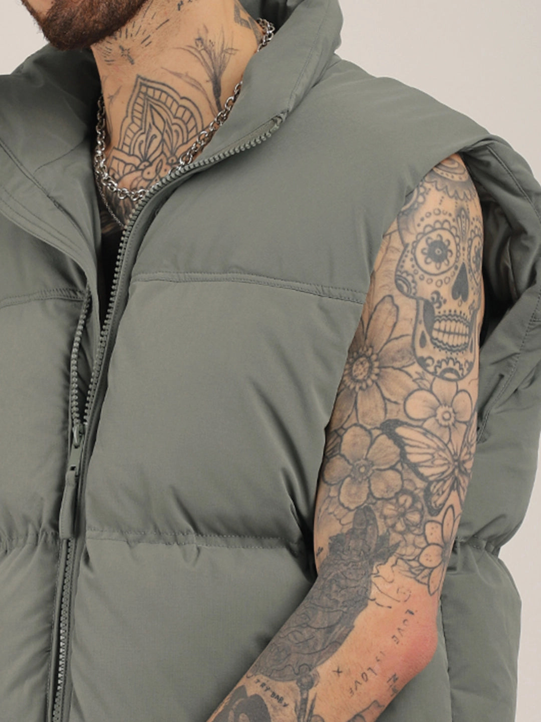 Quilted Gilet Cut Sleeves Grey Puffer Jacket