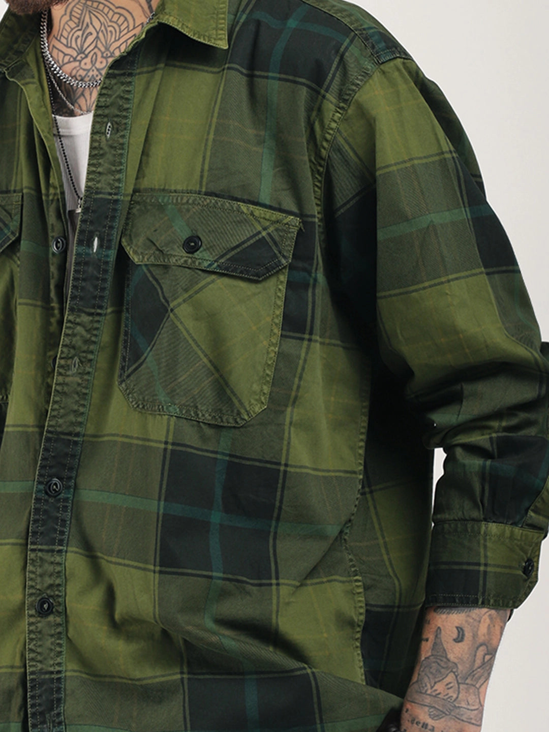 Onyx Fit Washed Check Olive Full Sleeve Shirt