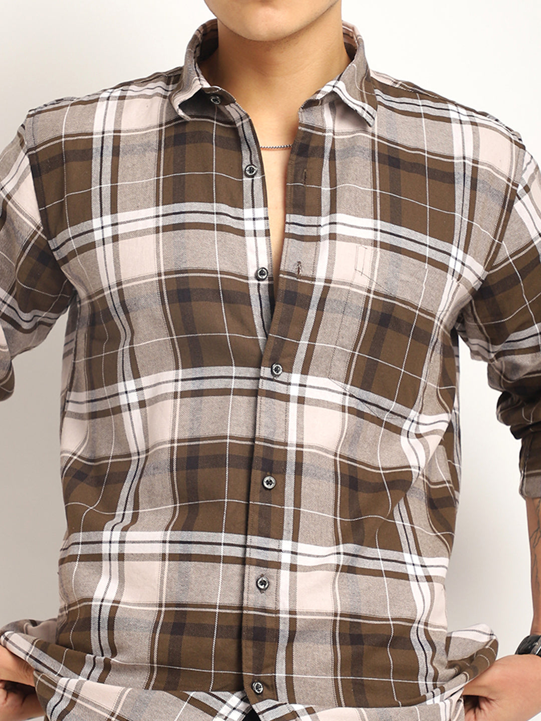 Indigo Twill Check Mehndi Full Sleeve Shirt