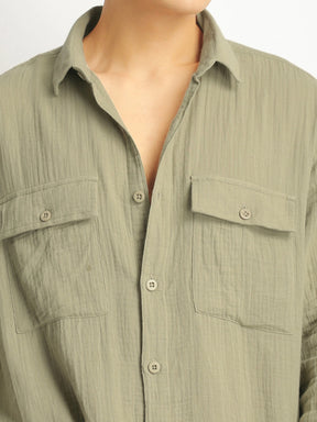 Eton Drift Double Clothe Khaki Full Sleeve Shirt