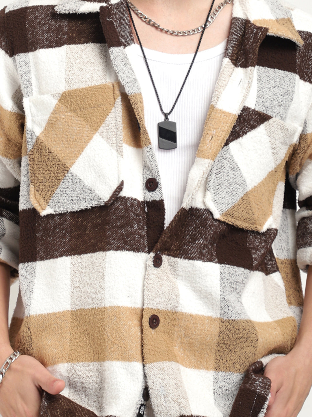 Pure Wool Chocolate Towel Knitted Check Shacket