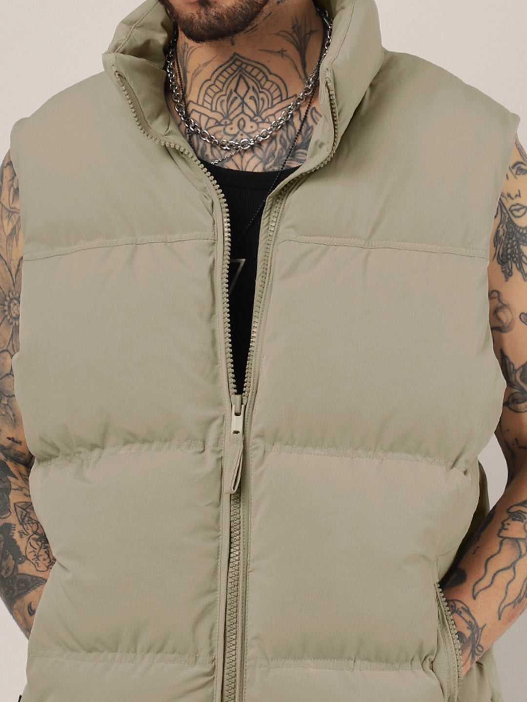 Quilted Gilet Cut Sleeves Khaki Puffer Jacket