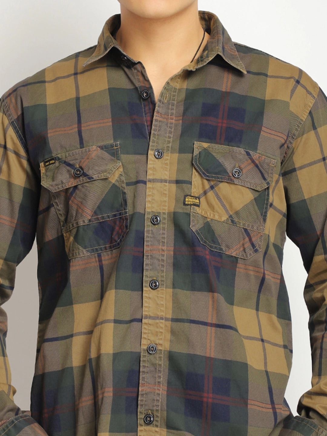 Luxe Link Washed Check Khaki Full Sleeve Shirt