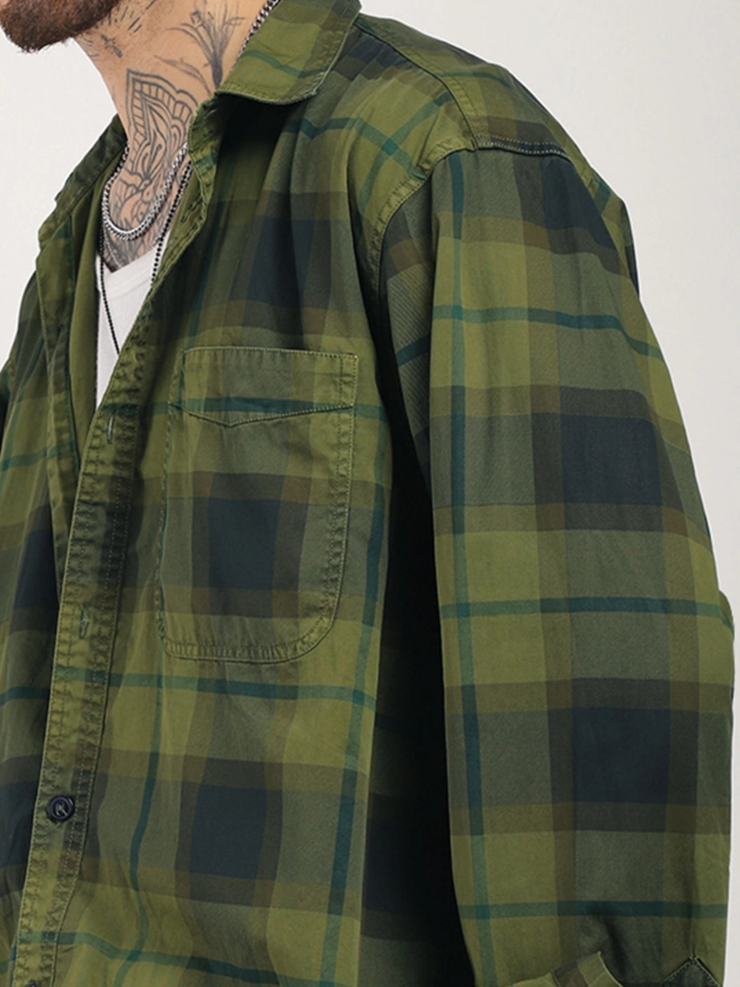 Duchess Weave Olive Green Washed Check Full Sleeve Shirt