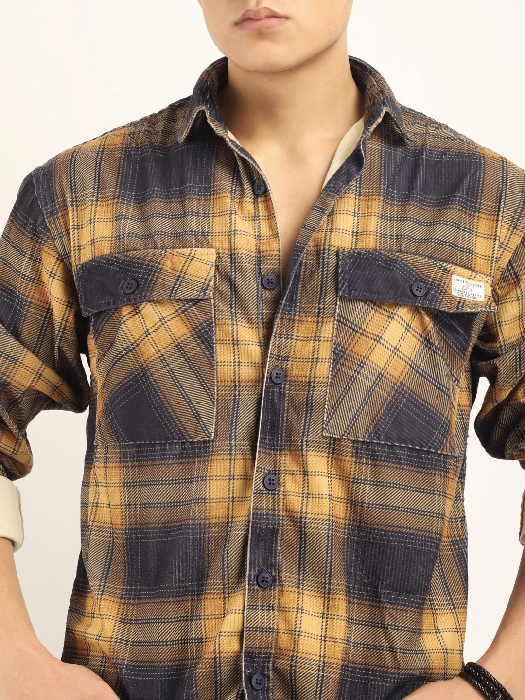 Corduroy Yellow Checkered Full Sleeve Shirt