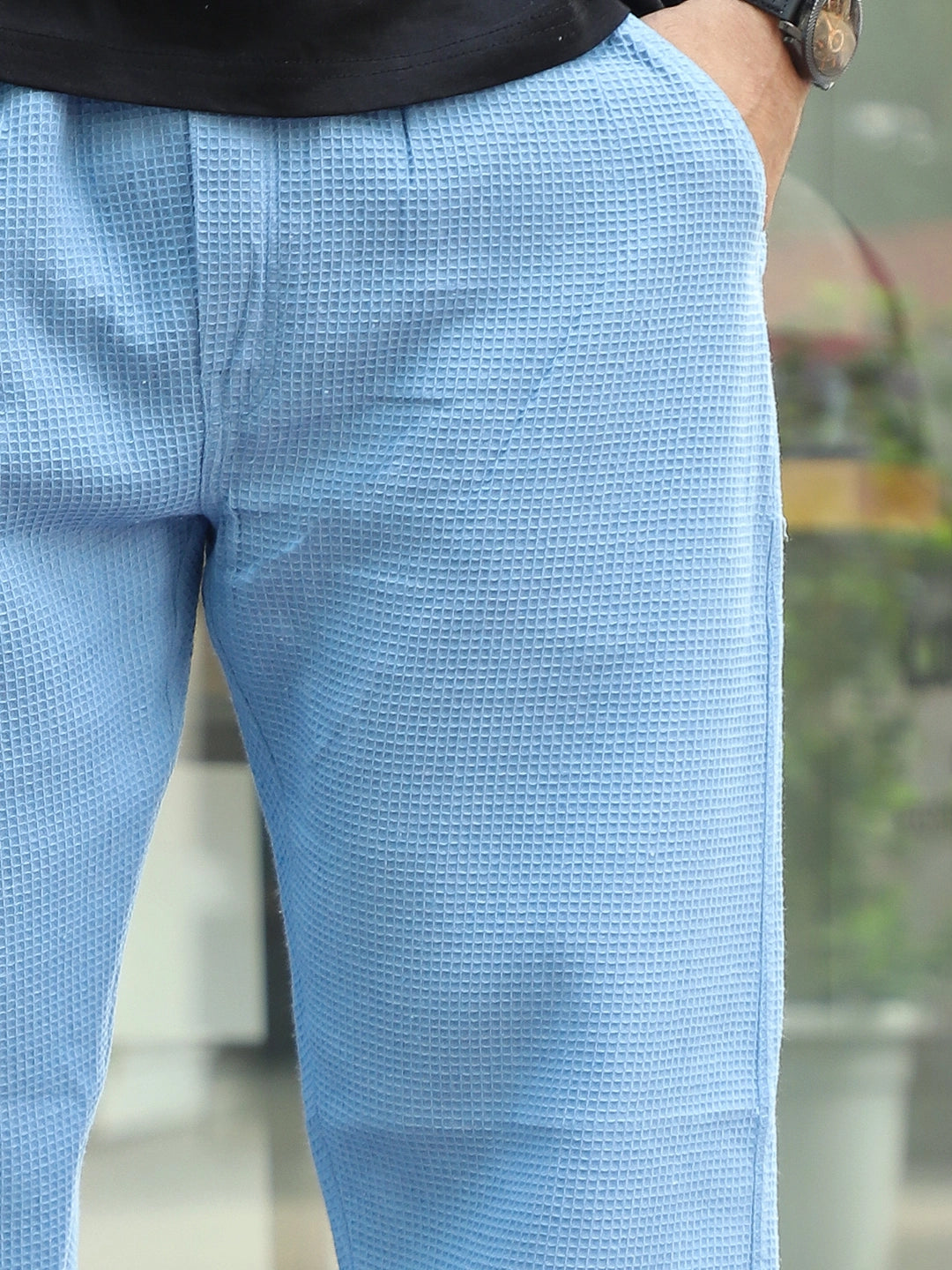 Brunel Sky Blue Baggy Fit Textured Trouser
